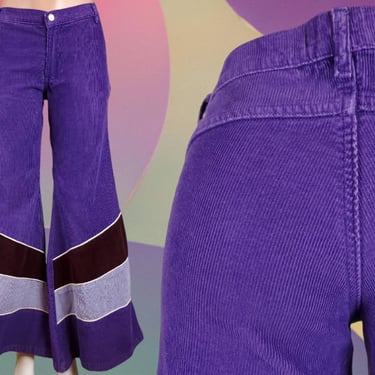 Clubkid extreme raver pants. Purple corduroy, low rise, MEGA bells. 90s clubber. Sunray pattern. Unisex. Bareback. (32 x 32) 