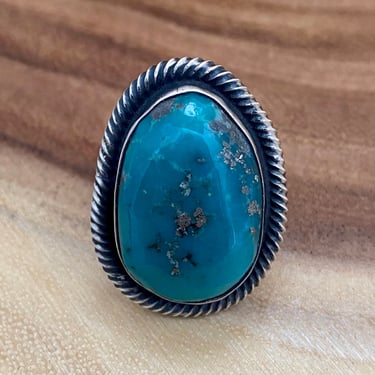 HOT FOR AT Chimney Butte Sand Cast Sterling Silver & Turquoise Ring | Native American Navajo Style Jewelry | Southwestern,  | Size 7 1/2AT 