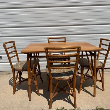 TABLE ONLY -Vintage Dining Table Rattan Faux Bamboo Hollywood Regency Chinese Chippendale Coastal Bohemian Boho Chic Wood Vintage Kitchen 