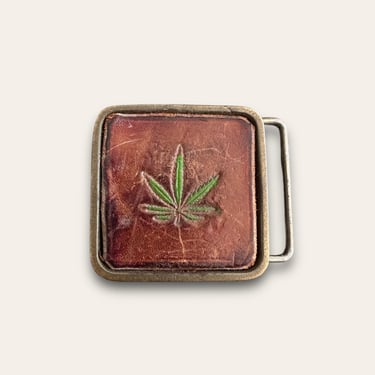 Vintage 1970’s Marijuana Leather &amp; Brass Belt Buckle