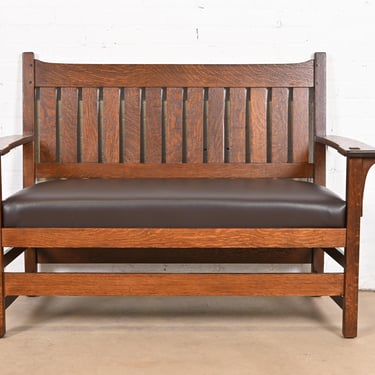 L. & J. G. Stickley Antique Mission Oak Arts & Crafts Open Arm Settee or Loveseat, Newly Restored