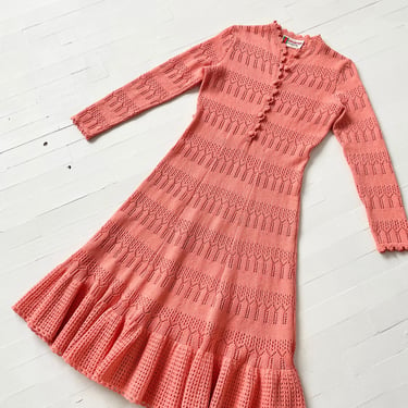 1970s Salmon Pink Crochet Knit Dress 