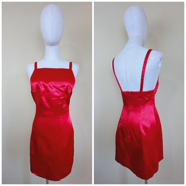 Y2K XOXO Red Satin Mini Dress / Vintage Sateen Low Back Strap Cocktail Dress / XS - Small 