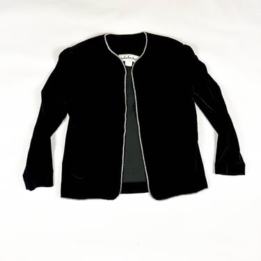 1970s / 1980s Malcolm Starr Black Velvet Jacket with Rhinestone Trim / Large / Formal / Fancy / Open Jacket / Glamour / L / 80s / 70s / M 