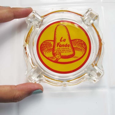 60s Mustard Yellow Glass Ash Tray - Vintage La Fonda Mexican Restaurant Santa Ana California - Retro Americana Circular Ashtray Sombrero 