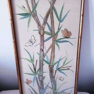 Nature themed professionally framed wall decor  Crewel Needlework large Vertical wall hanging Flowers Butterflies 