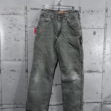 90s, Size 30 waist green canvas red tab Levi’s 550 carpenter pants made in USA levis relaxed fit tapered leg unisex 