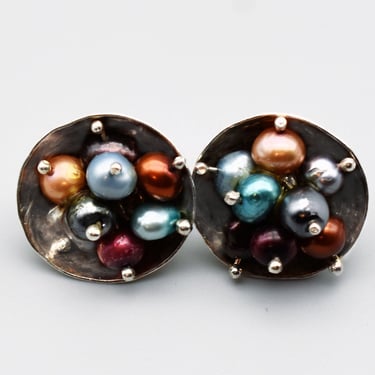 60's sterling dyed pearls fruit bowl studs, whimsical colorful pearls in 925 silver post earrings 