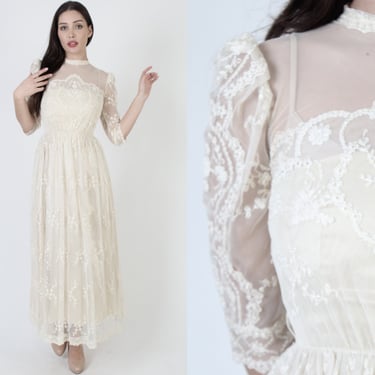 70s Victorian Wedding Dress, Elegant Ivory Floral Embroidered Lace, Long Tiered Bridal Maxi Gown 