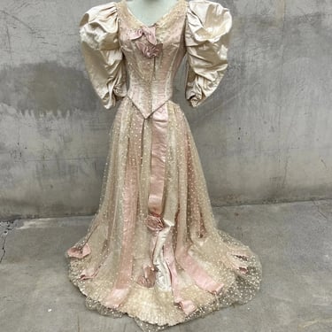 Antique Victorian Pink & Cream Silk Satin Dress Gown Net Ribbon Bow Lace Vintage