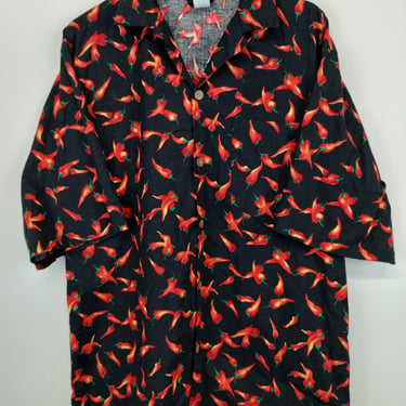 L  90’s Toucan Dance Hot Pepper Pattern Shirt Large Cotton 1990s 1980s Preppy Outdoors University Layering Button Up Short Sleeve bbq 