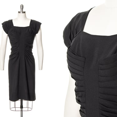 Vintage 1960s Cocktail Dress | 60s LILLI DIAMOND Black Rayon Pleated Wiggle Sheath Formal Evening LBD Dress (medium) 