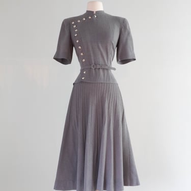 Rare 1940's Louise Barnes Gallagher Wool Day Dress With Silver Buttons / SM