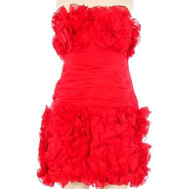 Red Ruffled Strapless Silk Cocktail Dress