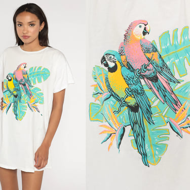 Tropical Parrot Shirt Bird Tee 80s Vintage Retro T Shirt Vacation Wildlife Botanical Tee 1980s Graphic Longline White Small Medium Large 