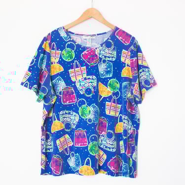 Cathy Daniels | Vintage 90's Multi-color Purse Print Sequin T-Shirt | Size 1X, Colorful, Beach, Bold / Short Sleeve, Summer, Novelty, Vacay 