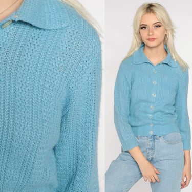 60s Knit Cardigan Baby Blue Button Up Sweater Collared Boho Girly Pastel Retro Kawaii Preppy Grandma Sweater Vintage 1960s Extra Small xs 