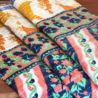 Vintage Handmade Reversible Kantha Quilt - Double Sided Embroidered Cotton Throw Blanket 