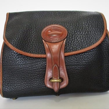Vintage Dooney & Bourke Medium Essex Bag, Satchel Purse, Black All Weather Leather, Brown Leather Trim 