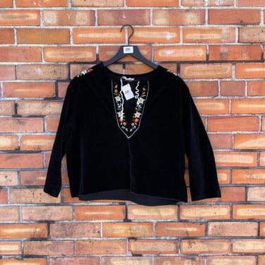 vintage 70s black embroidered cotton velvet peasant blouse / s m small medium 