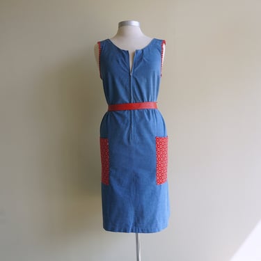 Blue Denim Dress • Red Tulip Bandana Pockets & Trim • Cotton • 1960s Sleeveless Shift • Spring Summer • Cover Up • Boho • Fleur de Lys 