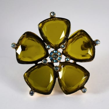 Big 60's Monet green glass blue rhinestone gold tone metal flower brooch, mid-century designer costume jewelry bling pin 