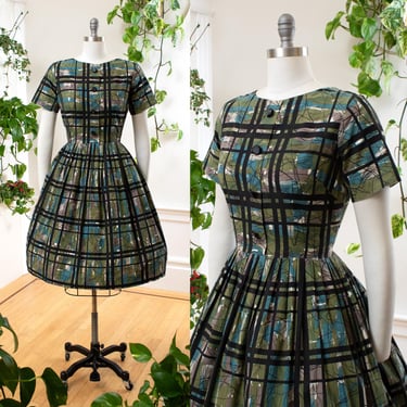 Vintage 1950s Dress | 50s Windowpane Plaid Cotton Green Black Fit Flare Swing Full Skirt Day Dress | medium 