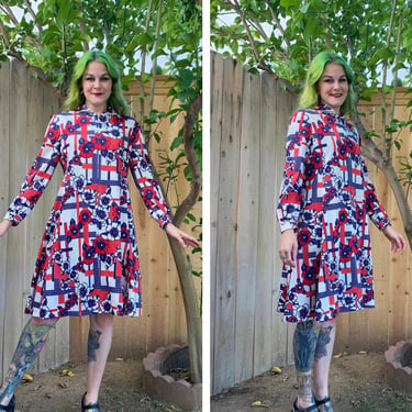 Vintage 1970’s Red, White and Blue Floral Dress 