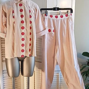 Vintage 40s Adorable Cotton PJ Set / Red/White/ Great Outerwear / S/M 