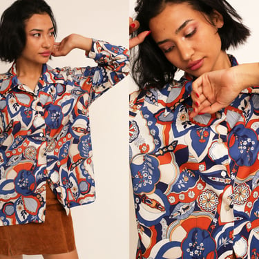 Vintage 1970s 70s Groovy Psychedelic Magic Trippy Floral Paisley Long Sleeve Button Up Blouse 