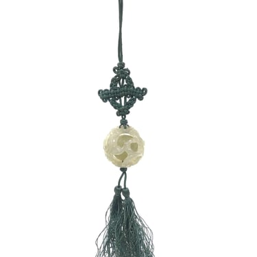 70s Boho Hand-Carved Tremolite Jade Pendant Necklace with Silk Knot & Tassel 