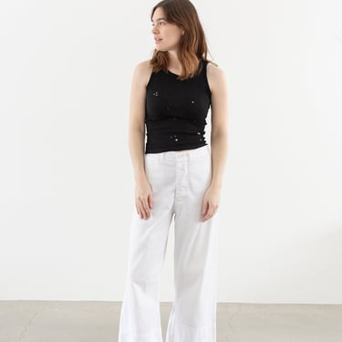 Vintage 28 Waist x 27 Inseam White Sailor Pant | Patch High Rise Button Fly Cotton Trousers | Navy Pants | WS0-- 