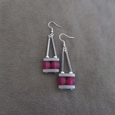 Mid century modern earrings, Brutalist earrings, minimalist earrings, hot pink unique artisan earrings, frosted sea glass earring, pewter 