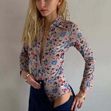 70s bodysuit / vintage floral print stretchy nylon pointy collar blouse / popover one piece leotard bodysuit blouse | Small 