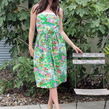 Vintage Sundress, Cotton Blend, Small Women, Multicolor Floral Print, Garden Party, Adjustable Straps 