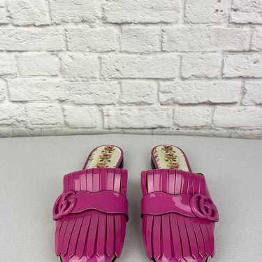 Gucci Patent Marmont Flat Mules, Size 37, Orchid