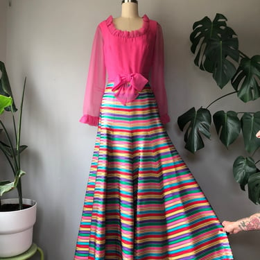 Vintage 60's Miss Elliette Rainbow stripe gown / 1960's colorful dress / taffeta chiffon party dress / Medium by Ru