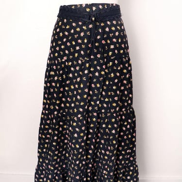 Black Calico Floral Long Maxi Skirt, Prairie Cottage Hippie style, Betty Barclay, A Line, Flared, Cotton Tiers, Boho Country Dress 