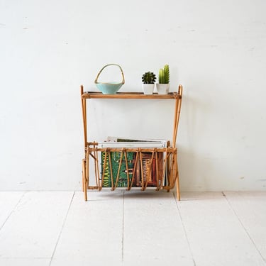 Vintage Swedish Bamboo Magazine Rack with Frosted Glass Top, Scandinavian Design 