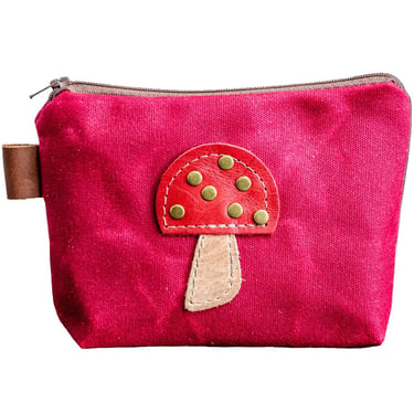 Leather Applique | Handmade Waxed Canvas Zipper Pouch | Mushroom 