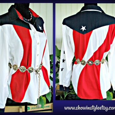 RoughRider Vintage Western Retro Women's Cowgirl, Rodeo Blouse, USA Patriotic Red, White & Blue, Tag Size Medium (see meas.) 