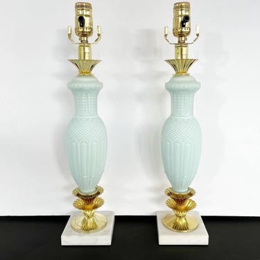 1950s Powder Blue Cut Glass Vase Lamps - Pair 