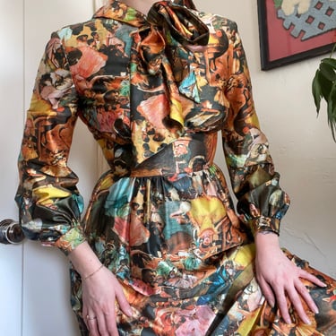 1970s Art Nouveau Ballerina Print Dress with Pussy Bow and Bishop Sleeves size Small 