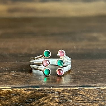 Pink Tourmaline and Emerald 6 Stone Ring Handmade in Sterling Silver with 4k Gold-fill Bezels 