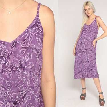 Purple Floral Sundress Y2k Grunge Midi Dress Boho Flower Print Spaghetti Strap Summer Day Bohemian Hippie Vintage 00s Rayon Extra Large xl 