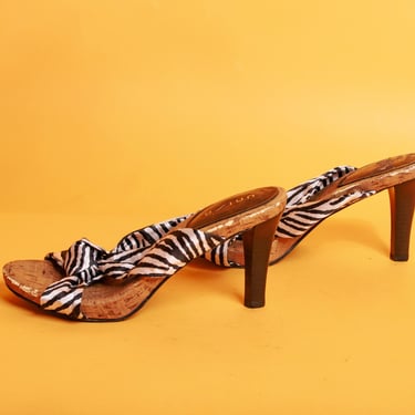 90s Black White Zebra Print Cork Heels Vintage Braided Fabric Sandals 