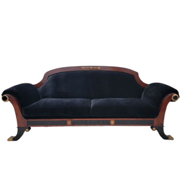 Antique Grecian Mahogany Scroll Arm Sofa Newly Upholstered