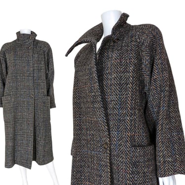 Vintage Herringbone Tweed Coat, medium Large / 80s Dark Brown Rainbow Flecked Wool Coat / Oversized Retro Menswear Style Overcoat 