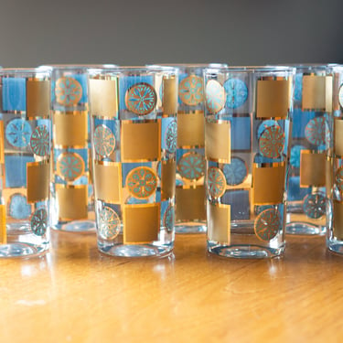 Set of 8 - TUMBLER COCKTAIL Glasses - Mid-century Modern/Vintage - Mandala 24k Gold/Turqouise 