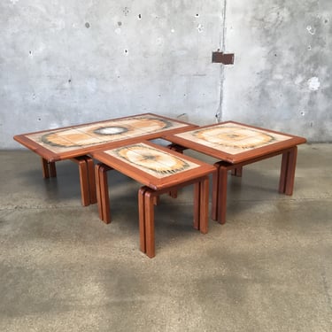 Set of Three Vintage Danish Custom Coffee Tables with Inlayed Ceramic Tiles